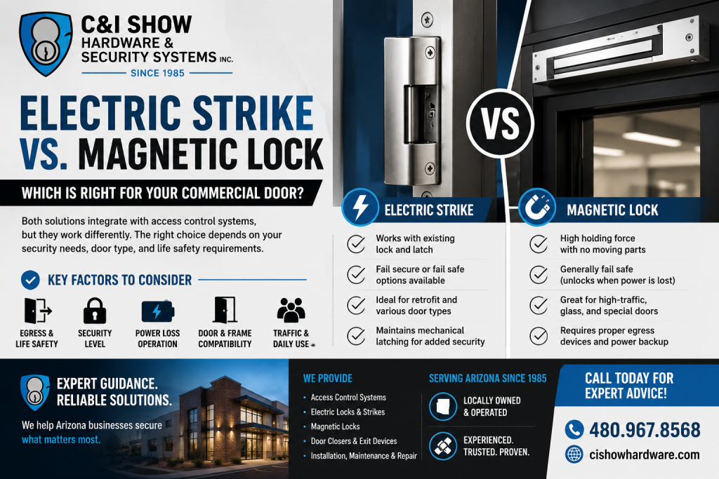 Compare electric strikes and magnetic locks for security, egress, power loss, and door compatibility.